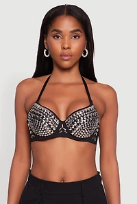Womens Metallic Studded Sweetheart Bustier Crop Top, Black,