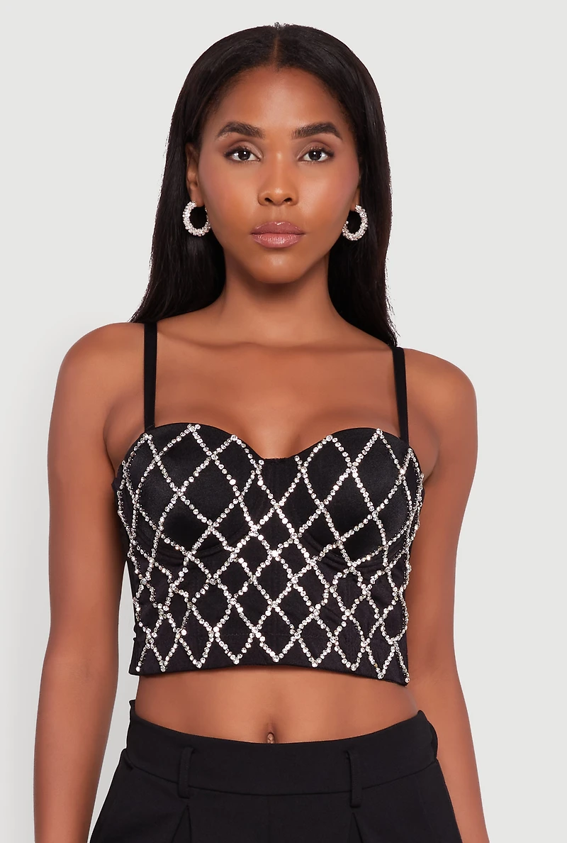 Womens Rhinestone Embellished Bustier Crop Top, Black, Size S-M