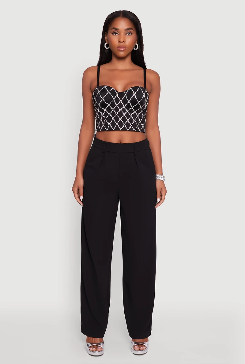 Womens Rhinestone Embellished Bustier Crop Top, Black, Size S-M