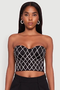 Womens Rhinestone Embellished Bustier Crop Top, Black,