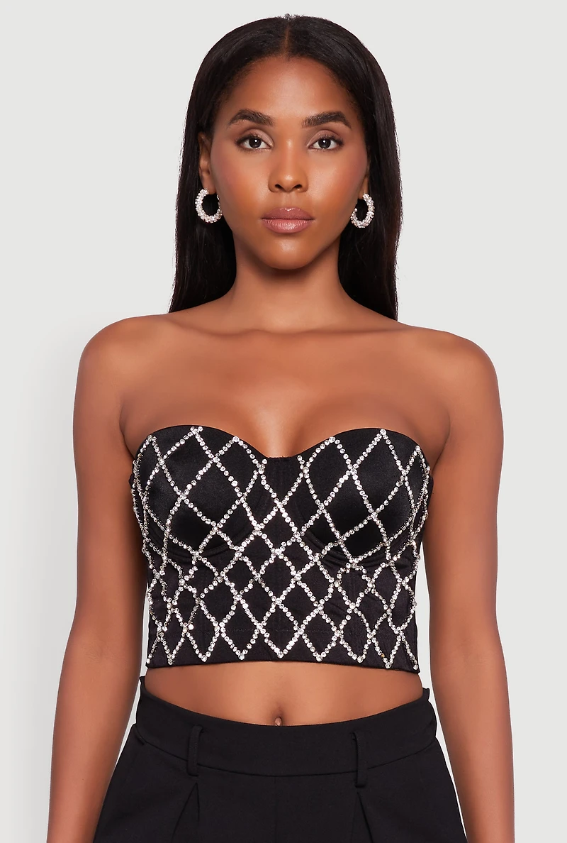 Womens Rhinestone Embellished Bustier Crop Top,