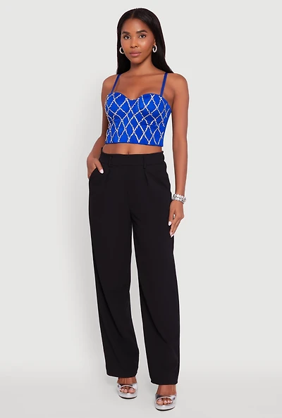 Womens Rhinestone Embellished Bustier Crop Top, Blue, Size S-M