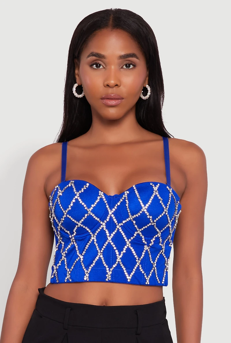 Womens Rhinestone Embellished Bustier Crop Top, Blue, Size S-M