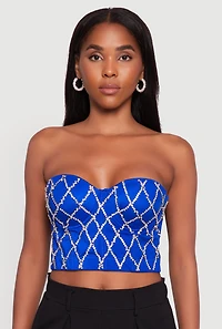 Womens Rhinestone Embellished Bustier Crop Top, Blue, Size S-M