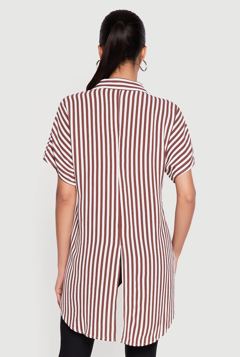 Striped Crepe Knit Tie Front High Low Shirt