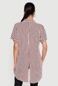 Striped Crepe Knit Tie Front High Low Shirt