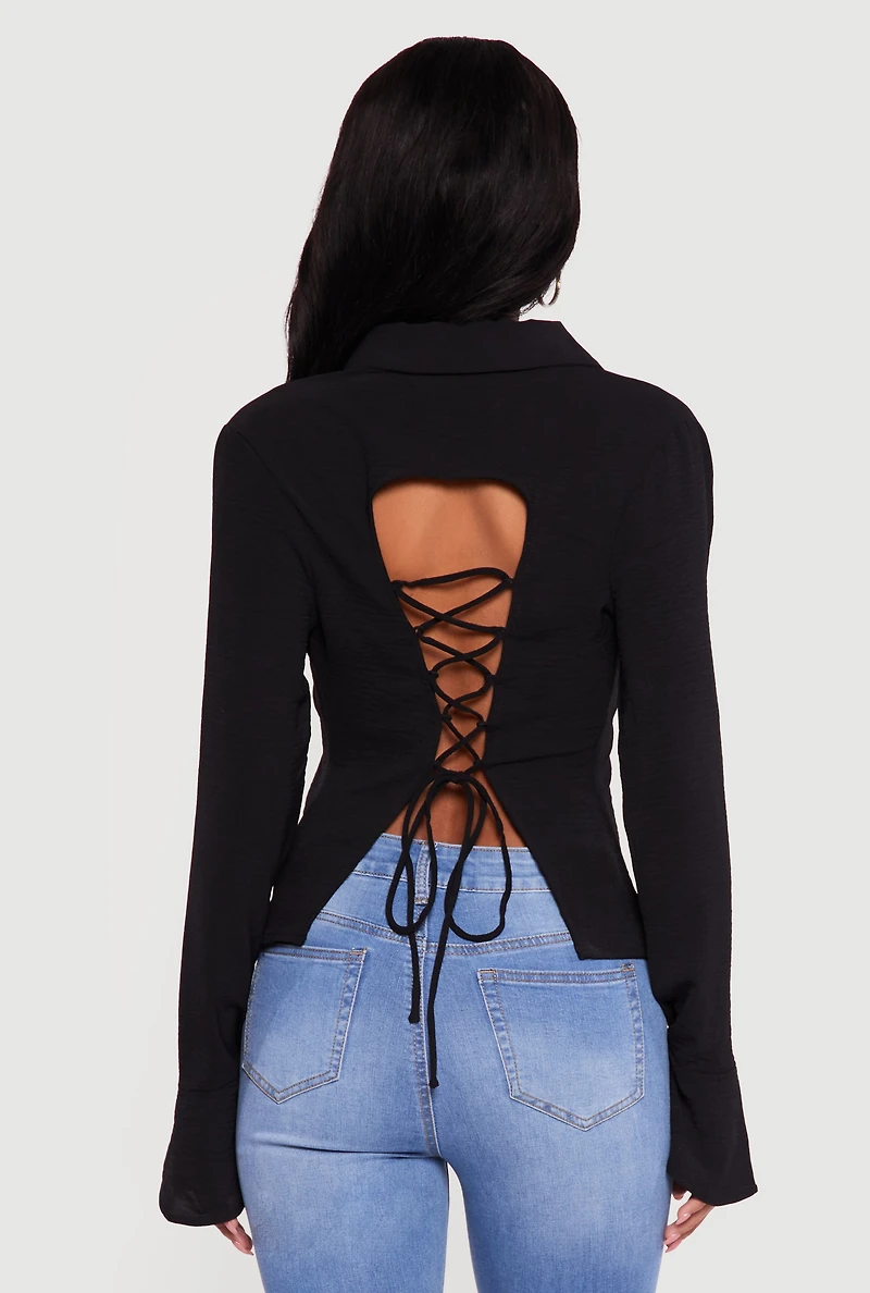 Tie Back Pearl Button Front Bell Sleeve Blouse