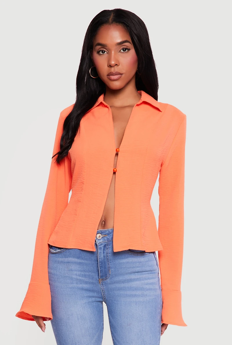 Tie Back Pearl Button Front Bell Sleeve Blouse