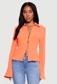 Tie Back Pearl Button Front Bell Sleeve Blouse