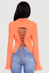 Tie Back Pearl Button Front Bell Sleeve Blouse