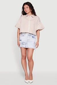 Striped Bubble Sleeve Cropped Button Front Shirt