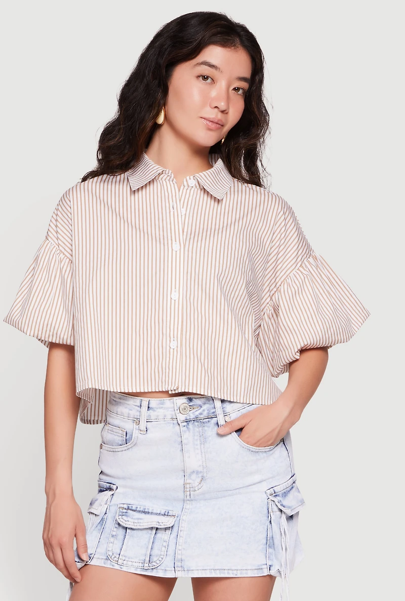 Striped Bubble Sleeve Cropped Button Front Shirt