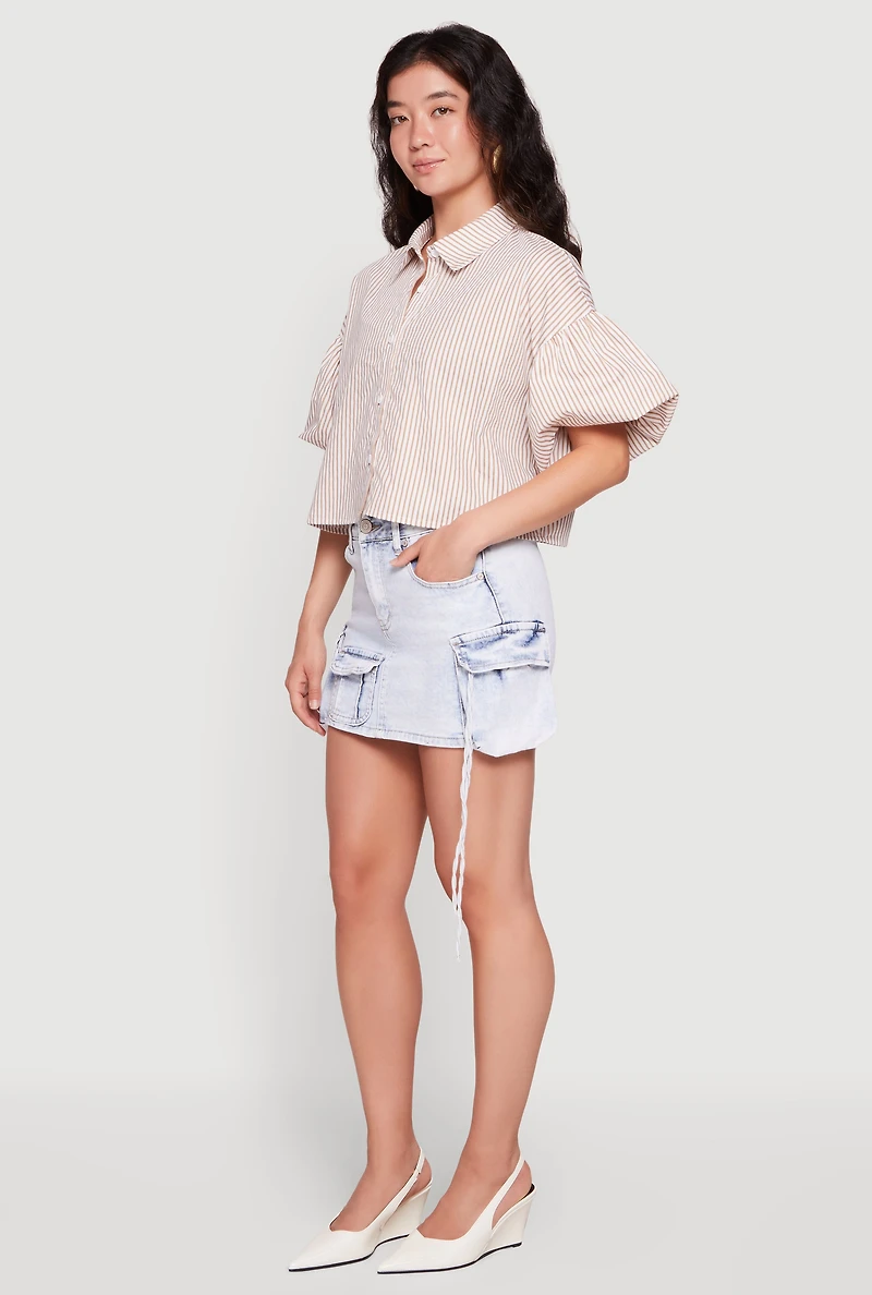 Striped Bubble Sleeve Cropped Button Front Shirt