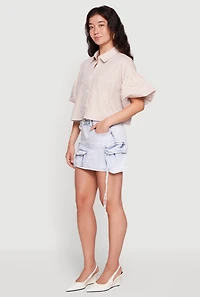 Striped Bubble Sleeve Cropped Button Front Shirt