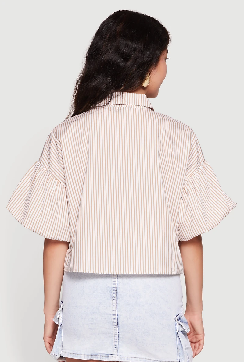 Striped Bubble Sleeve Cropped Button Front Shirt