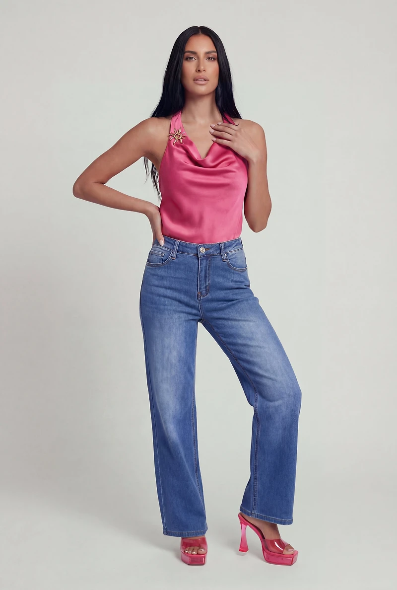 Sun Pendant Detail Satin Halter Top