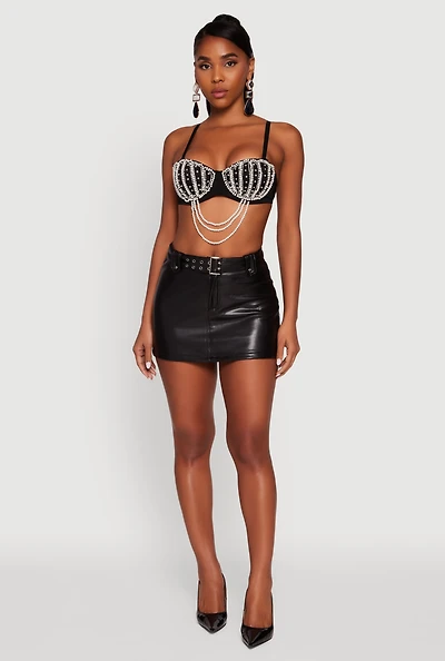 Womens Rhinestone Layered Faux Pearl Convertible Bustier Top, Black, Size S