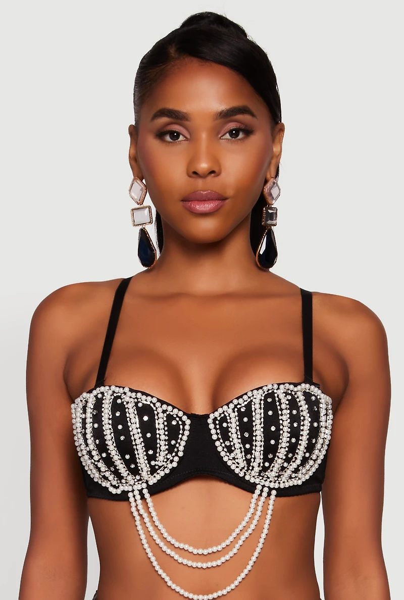 Womens Rhinestone Layered Faux Pearl Convertible Bustier Top, Black,