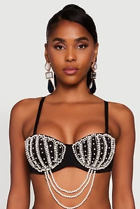 Womens Rhinestone Layered Faux Pearl Convertible Bustier Top, Black,