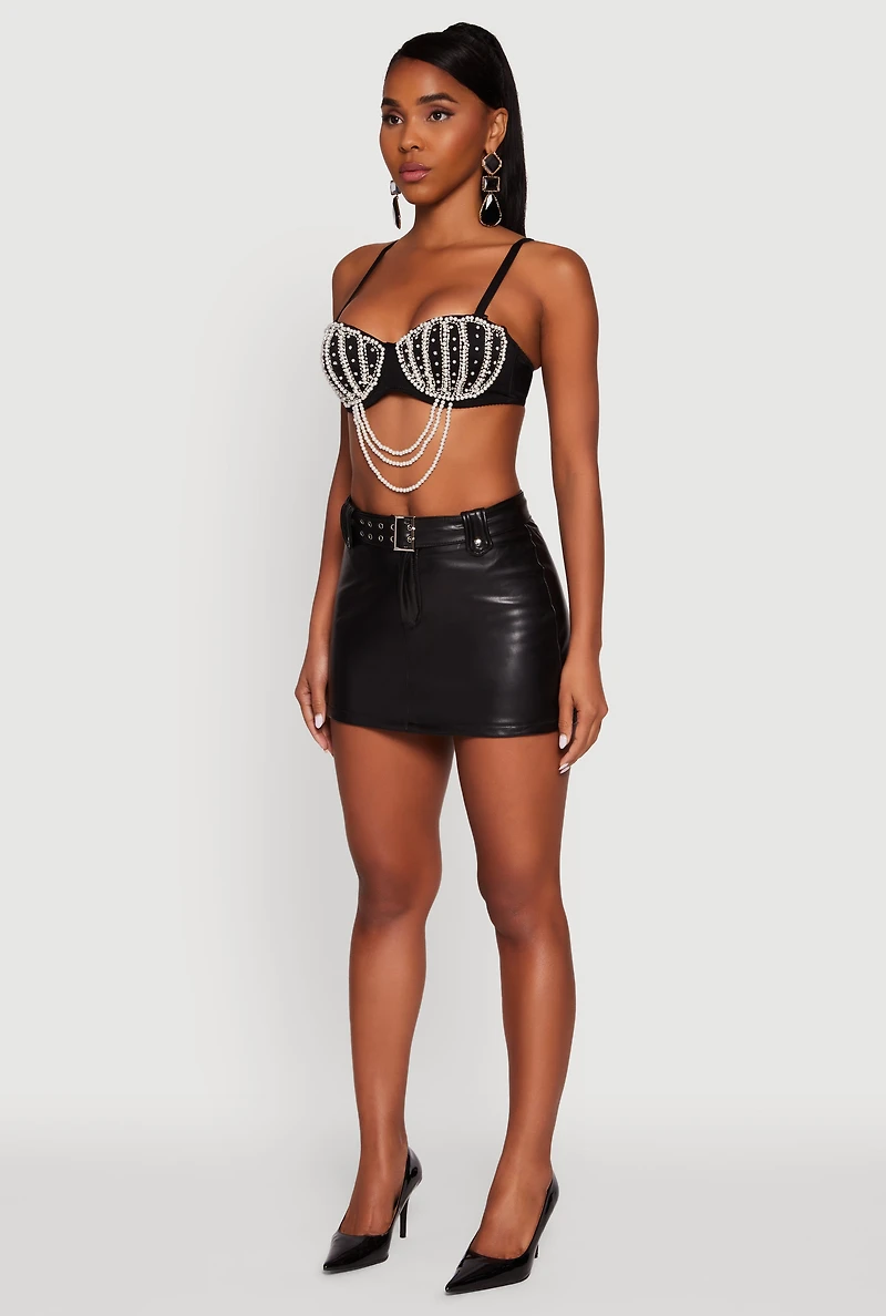 Womens Rhinestone Layered Faux Pearl Convertible Bustier Top, Black,