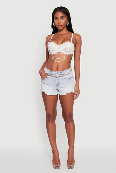 Womens Rhinestone Layered Faux Pearl Convertible Bustier Top, White, Size S
