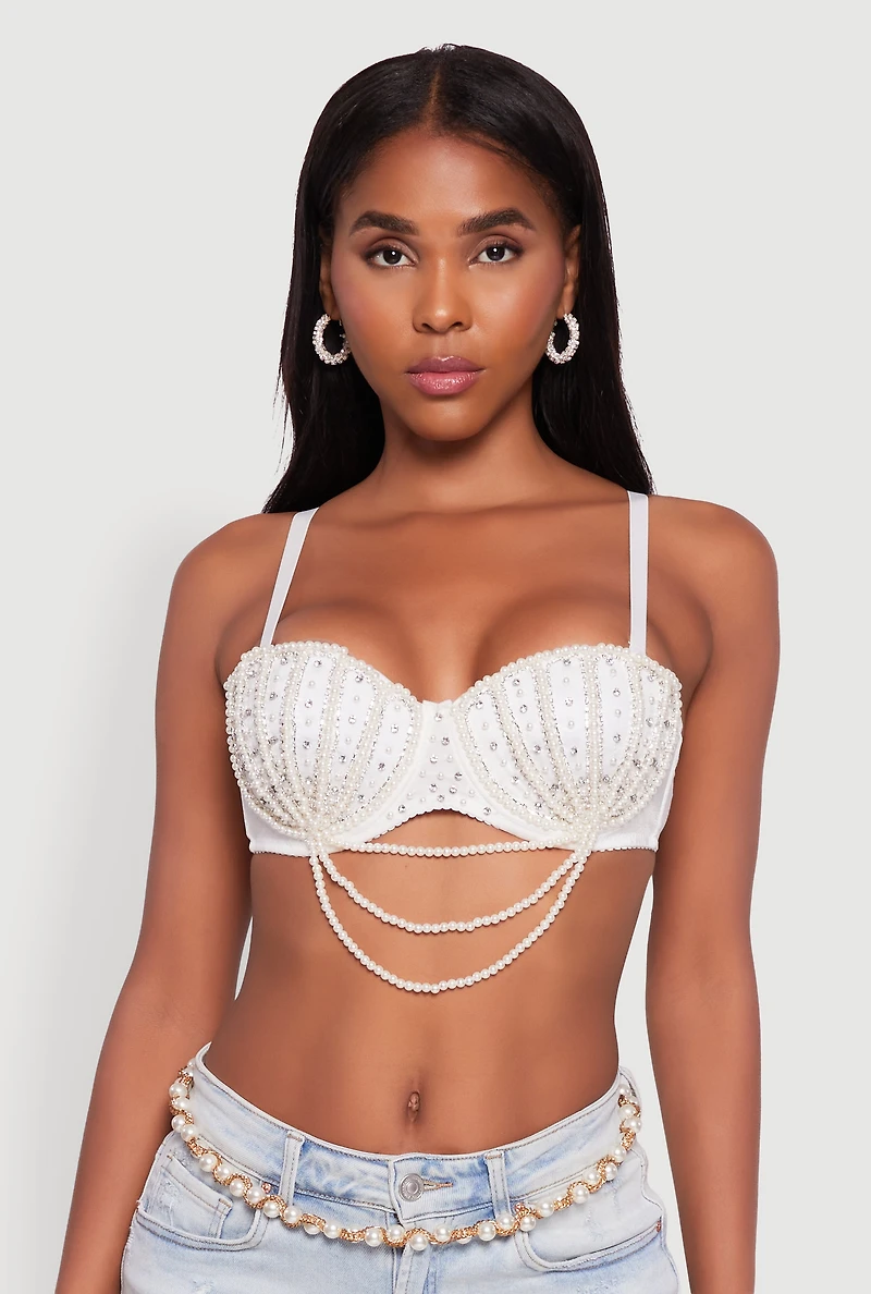Womens Rhinestone Layered Faux Pearl Convertible Bustier Top, White, Size S