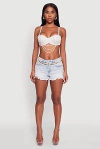Womens Rhinestone Layered Faux Pearl Convertible Bustier Top, White, Size S