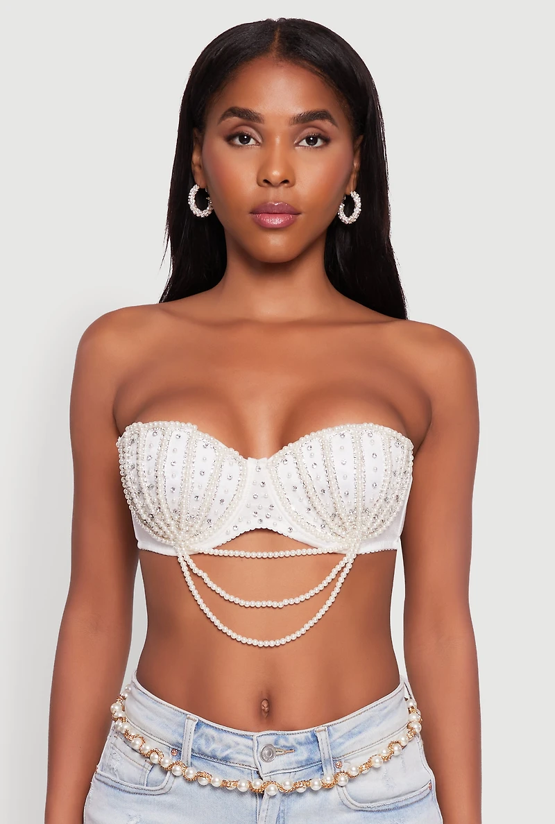 Womens Rhinestone Layered Faux Pearl Convertible Bustier Top, White, Size S