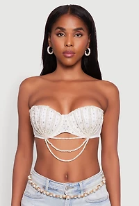 Womens Rhinestone Layered Faux Pearl Convertible Bustier Top, White, Size S