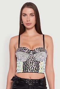 Womens Faux Pearl Gemstone Sequin Convertible Bustier Top, M-L
