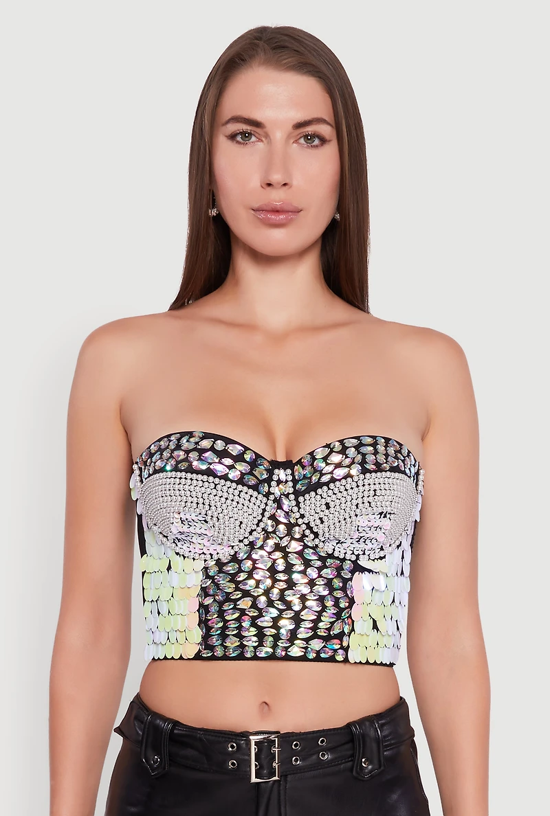 Faux Pearl Gemstone Sequin Convertible Bustier Top