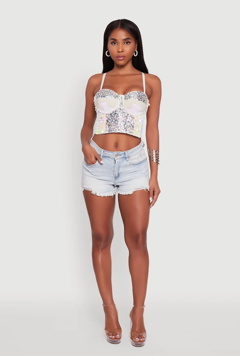 Womens Faux Pearl Gemstone Sequin Convertible Bustier Top, White, Size M-L