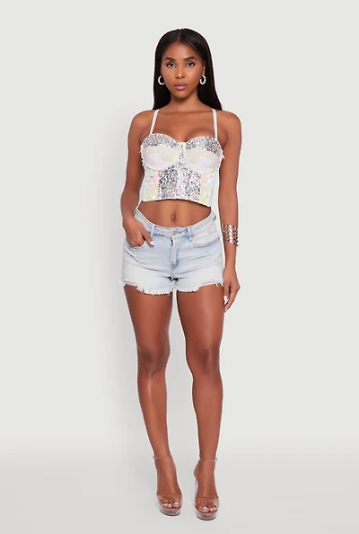 Womens Faux Pearl Gemstone Sequin Convertible Bustier Top, White, Size M-L