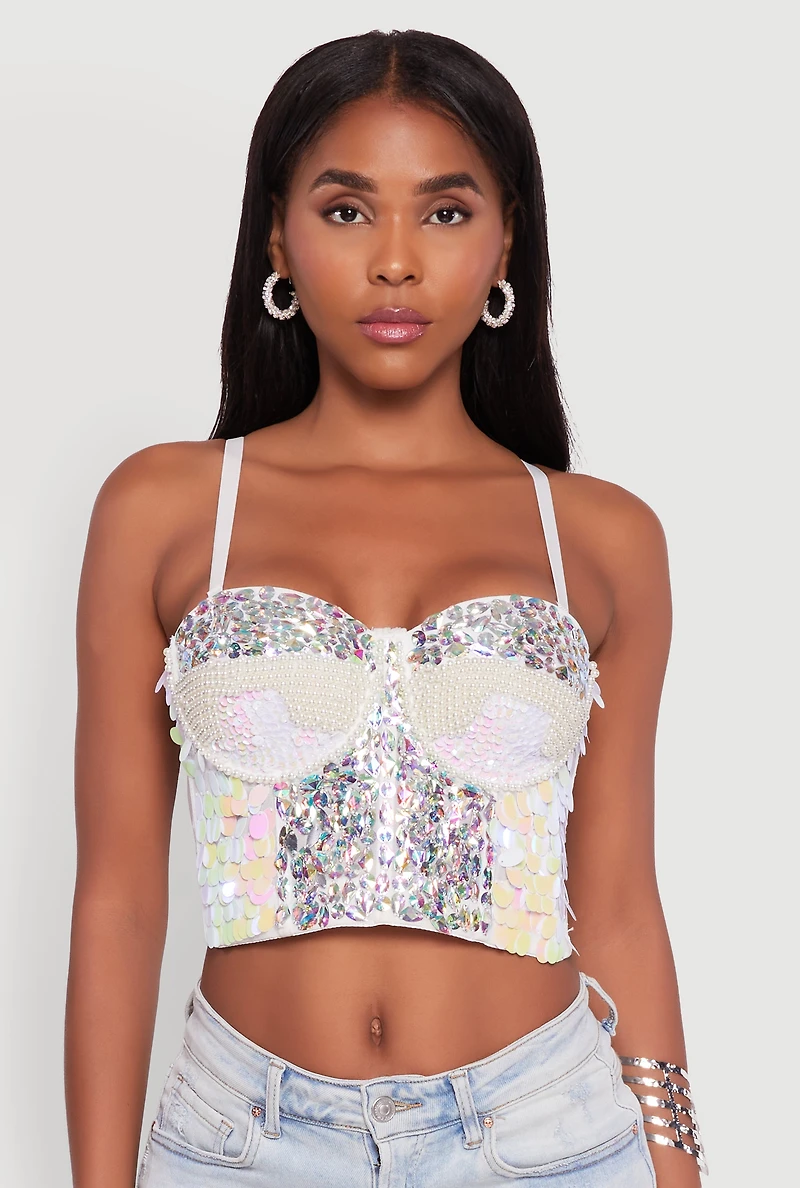 Womens Faux Pearl Gemstone Sequin Convertible Bustier Top, White, Size M-L