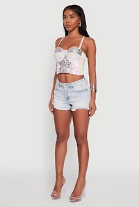 Womens Faux Pearl Gemstone Sequin Convertible Bustier Top, White, Size M-L