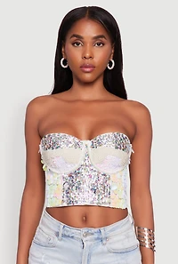 Womens Faux Pearl Gemstone Sequin Convertible Bustier Top, White, Size M-L