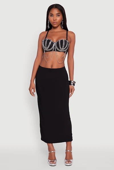 Womens Metallic Rhinestone Fringe Bustier Crop Top, Black, Size M