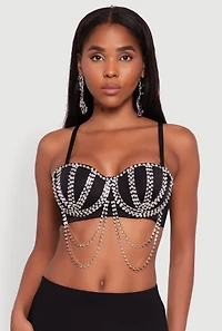 Womens Metallic Rhinestone Fringe Bustier Crop Top, Black, Size M
