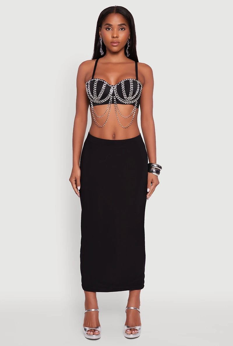 Womens Metallic Rhinestone Fringe Bustier Crop Top, Black, Size M