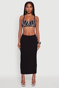 Womens Metallic Rhinestone Fringe Bustier Crop Top, Black, Size M
