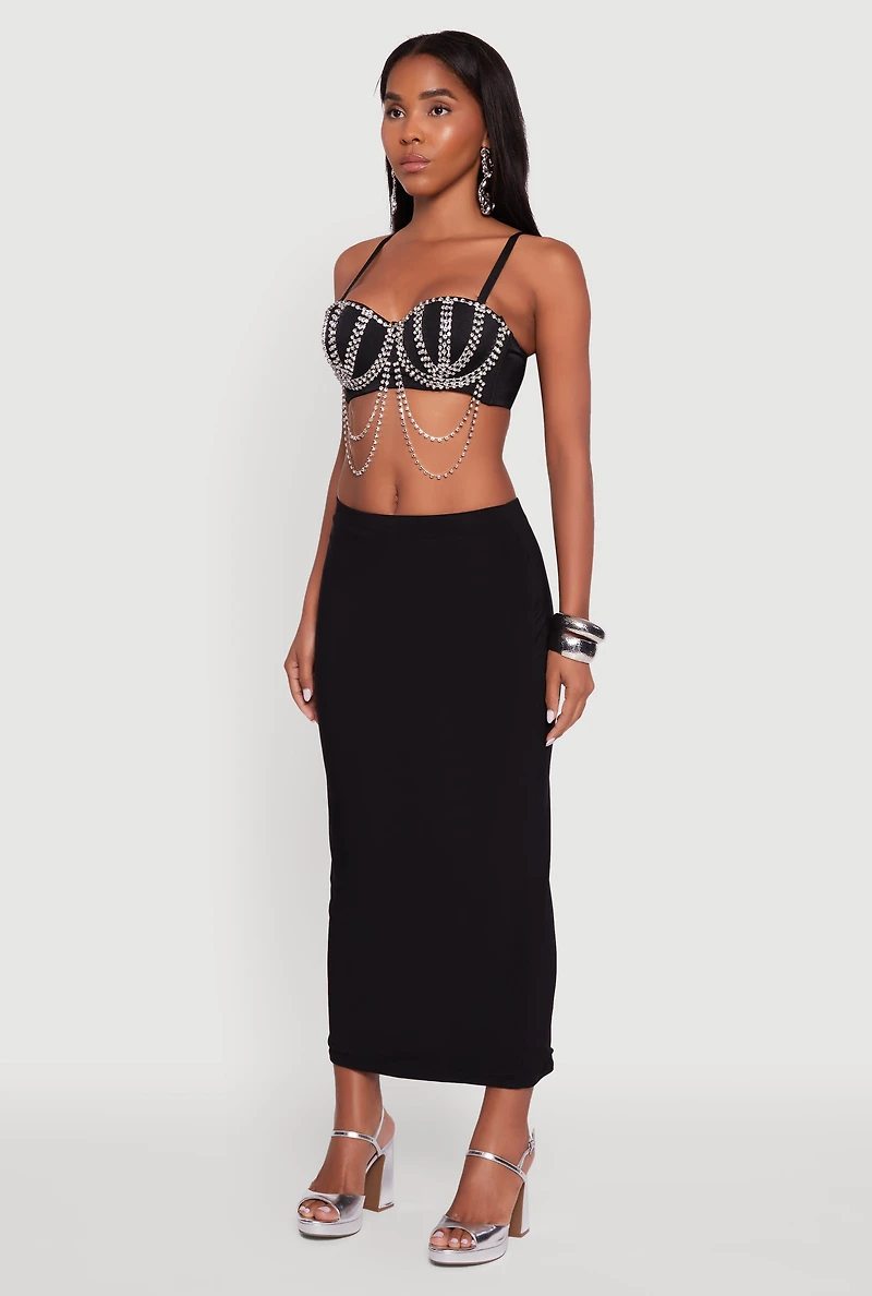 Womens Metallic Rhinestone Fringe Bustier Crop Top, Black, Size M