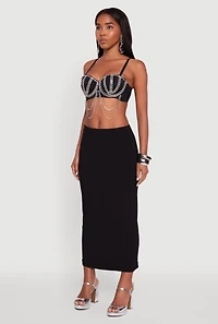 Womens Metallic Rhinestone Fringe Bustier Crop Top, Black, Size M