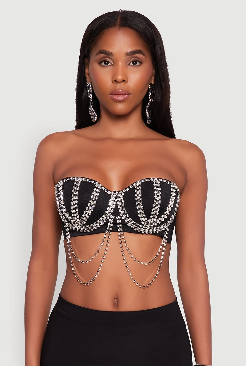 Womens Metallic Rhinestone Fringe Bustier Crop Top, Black, Size M
