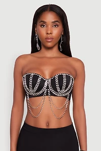 Womens Metallic Rhinestone Fringe Bustier Crop Top, Black, Size M