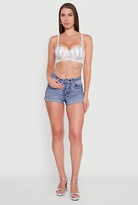 Womens Metallic Rhinestone Fringe Bustier Crop Top, White, Size L