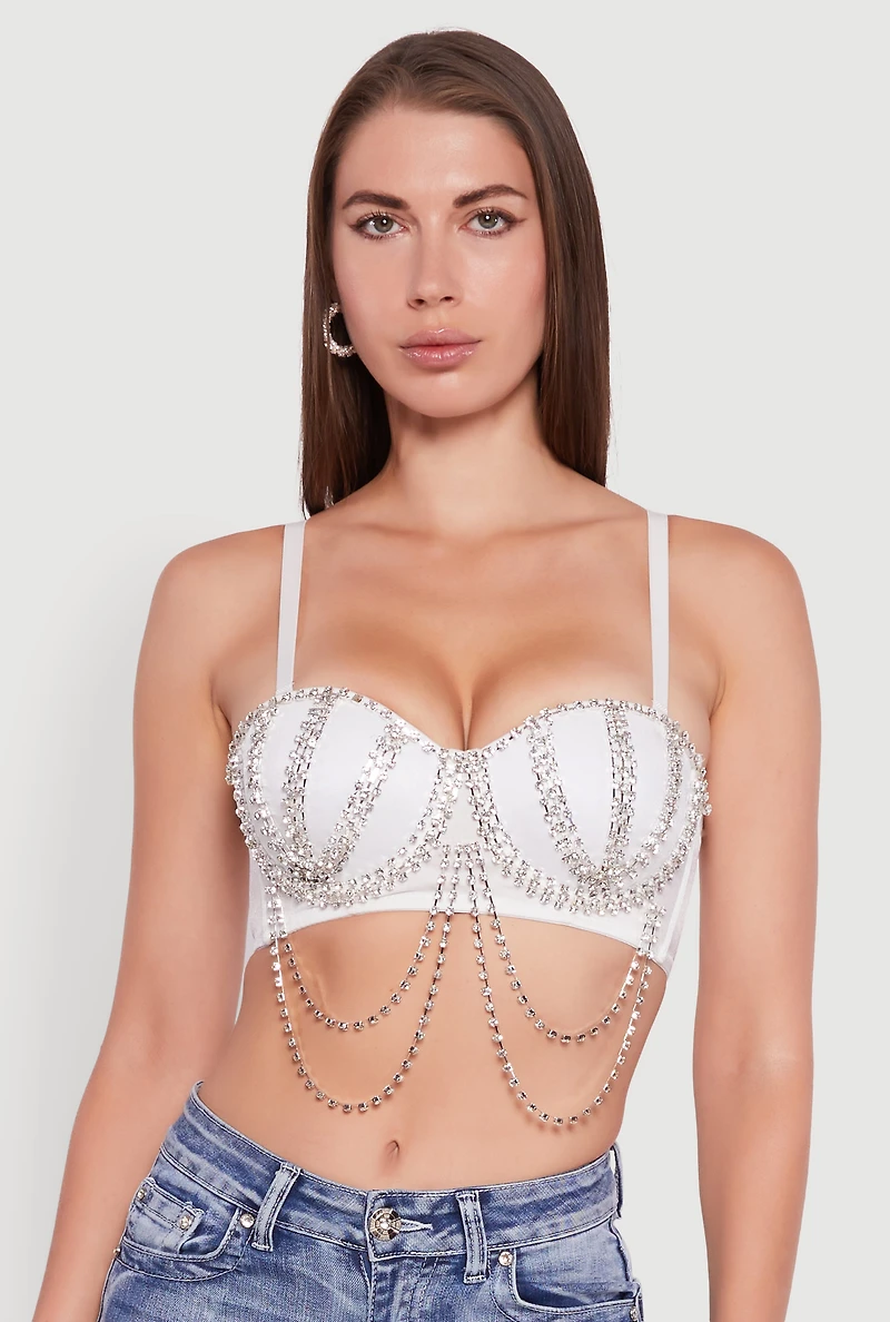 Womens Metallic Rhinestone Fringe Bustier Crop Top, White, Size L
