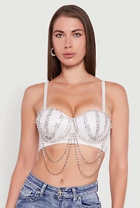 Womens Metallic Rhinestone Fringe Bustier Crop Top, White, Size L