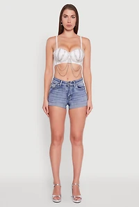 Womens Metallic Rhinestone Fringe Bustier Crop Top, White, Size L