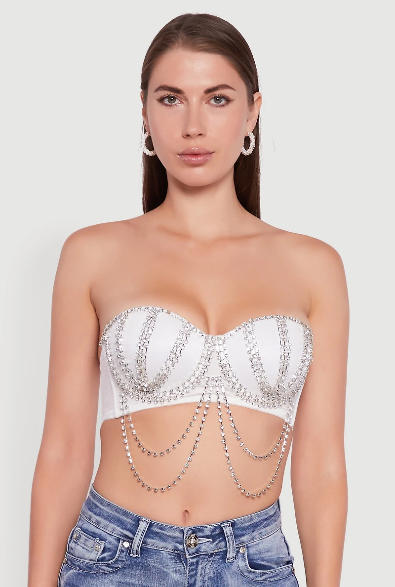 Womens Metallic Rhinestone Fringe Bustier Crop Top, White, Size L