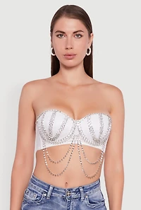 Womens Metallic Rhinestone Fringe Bustier Crop Top, White, Size L
